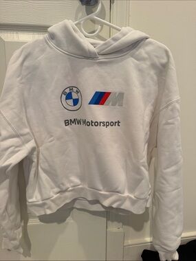 Puma White BMW Motorsport Cropped Hoodie with M Stripe Logo